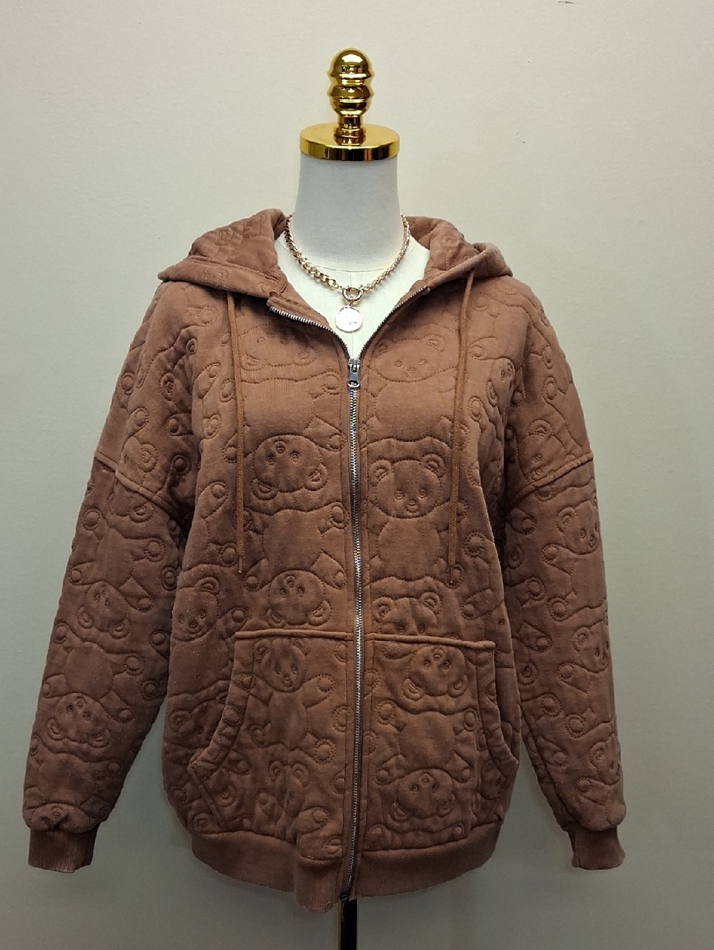 Forever 21 Brown Quilted Hooded Zip Teddy Jacket Size Small